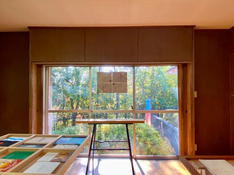 窓に取り付けられた箱と、その向こうの屋根